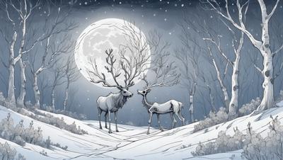 The primary subject of the image is a pair of deer standing in the snow. The setting is a snowy landscape with trees in the background. The visual style is a digital art or illustration, creating a serene and wintry atmosphere. The dominant colors are shades of blue, white, and gray, which contribute to the cold and snowy mood of the scene.
